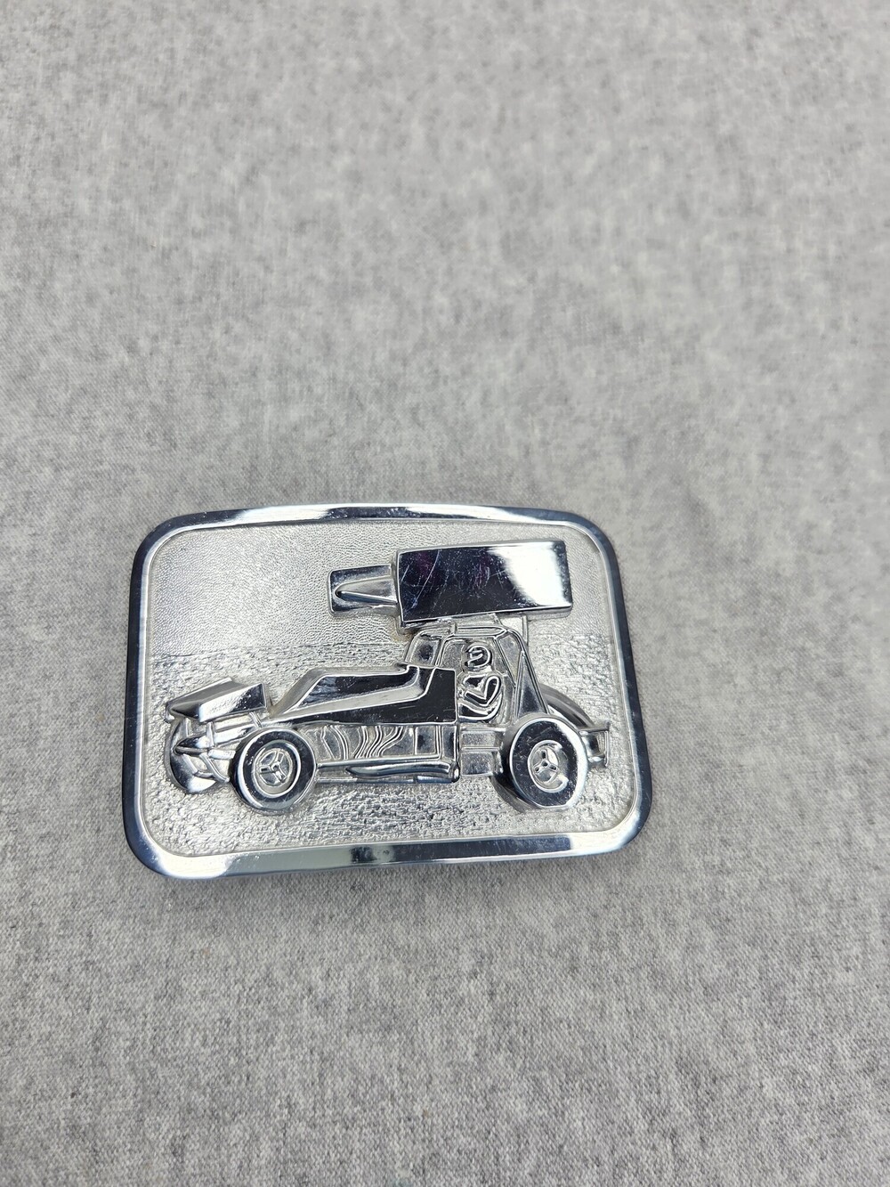Vintage Winged Sprint Car Belt Buckle Dirt Track Racing Silver Tone 3D